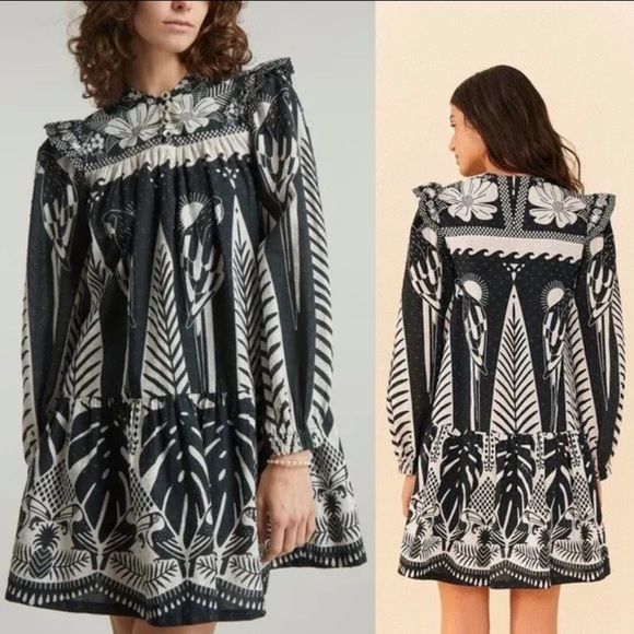 NWT FARM Rio Macaw Elegance Long Sleeve Mini Dress in Black/White - Size Medium - Picture 3 of 6